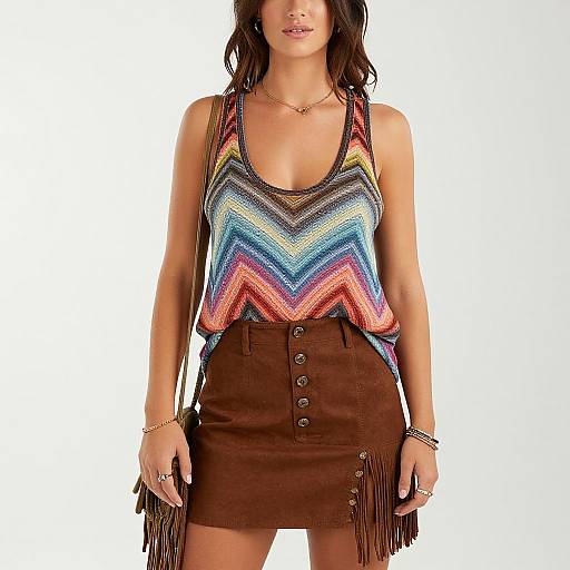 Photograph of a woman with long brown hair, wearing a colorful zigzag pattern tank top, brown buttoned fringed skirt, gold necklace, and