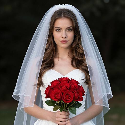 Photograph of a young woman with long brown hair, wearing a white lace wedding dress and veil, holding a bouquet of red roses, against a dark
