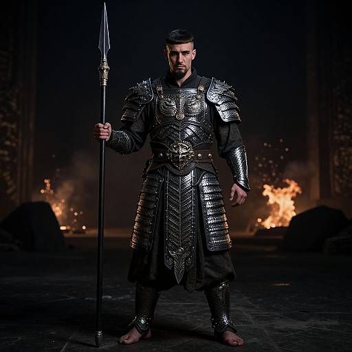 Photograph of a muscular man with dark hair and beard, wearing shiny silver medieval armor, holding a spear, standing barefoot in a dark, fiery