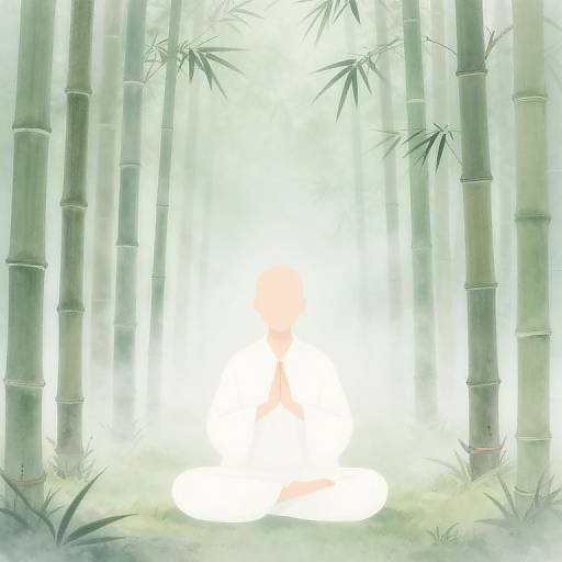 Digital painting of a serene bamboo forest with tall, green bamboo stalks, soft light filtering through, and subtle grass at the base.