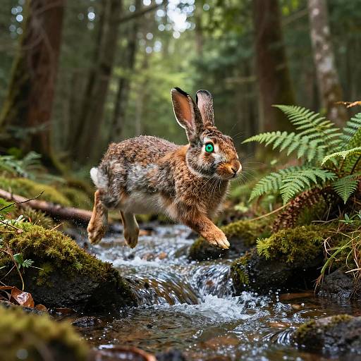Photograph of a brown, white, and black rabbit with bright green eyes leaping over a small, mossy forest stream.