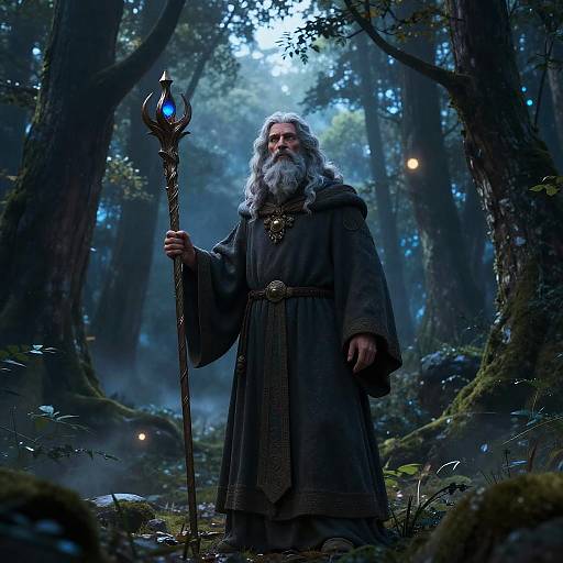 Elder wizard with long white beard, grey robe, and ornate staff stands in mystical, moonlit forest, glowing blue gem on staff.