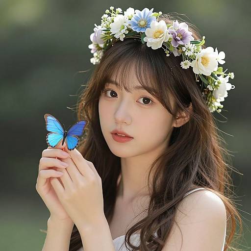 Young Asian woman with long brown hair, wearing a white flower crown, gently holding a blue butterfly, set against a blurred green background. Photograph.