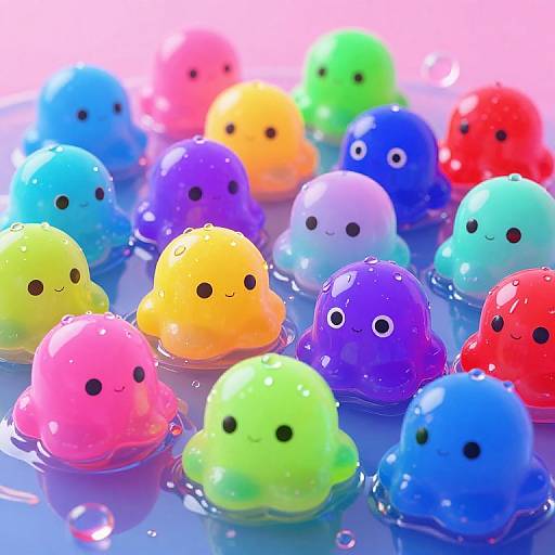 Photograph of colorful, shiny, slime-like creatures with black eyes and cute smiles, floating in a shallow pool of water. Bright colors include pink,