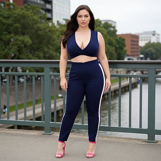 Photograph of a curvy woman with long dark hair, wearing a deep navy blue crop top and matching high-waisted pants with white stripes,