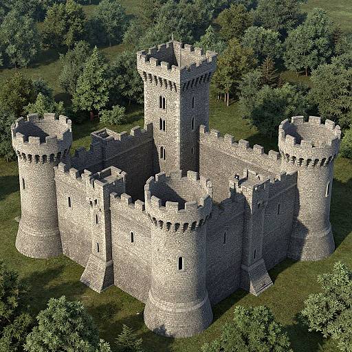 Aerial CGI of a medieval stone castle with four cylindrical towers, crenellated walls, and a central keep, surrounded by lush green trees.