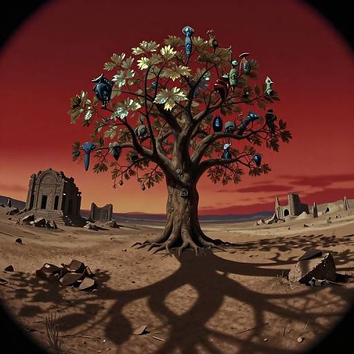 Surreal Crimson Wasteland with Resilient Tree