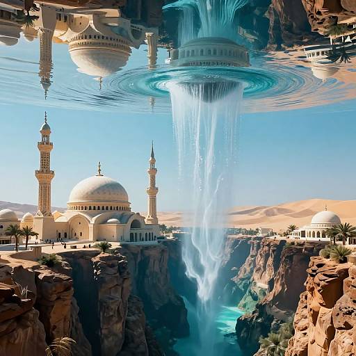 Digital art: Futuristic Islamic mosque with domes and minarets, surrounded by desert, featuring a massive, glowing blue waterfalls descending into a