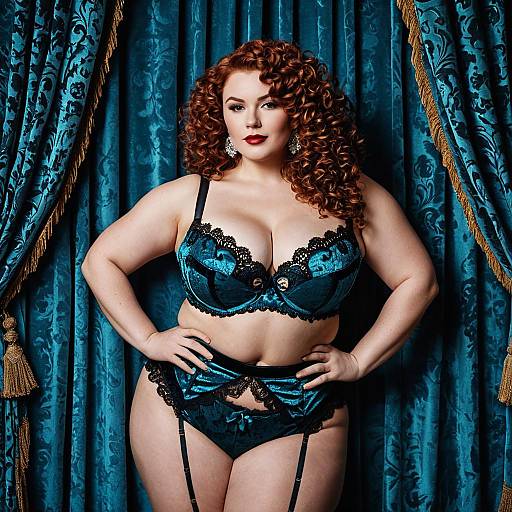 Curvy Woman in Velvet Lingerie with Cerulean Curtains