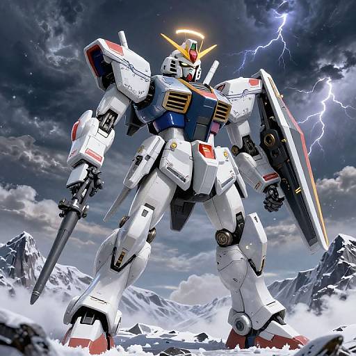 Digital art of a white, blue, and red mecha robot with glowing halo, wielding shields, standing on snowy mountains, lightning striking in stormy