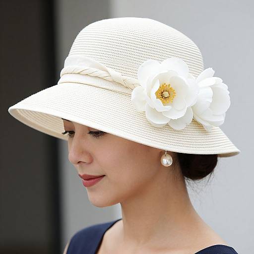 Photograph of an Asian woman with fair skin, wearing a white, textured sun hat adorned with a large white flower and pearl earrings, smiling softly.
