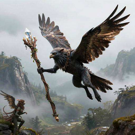 Digital fantasy artwork of a majestic, dark-feathered griffin with glowing eyes, flying with a mystical staff, over a misty mountain landscape.