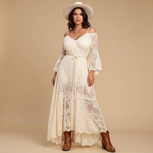 Photograph of a woman with medium brown skin and wavy black hair, wearing a white lace off-shoulder dress, white hat, brown boots