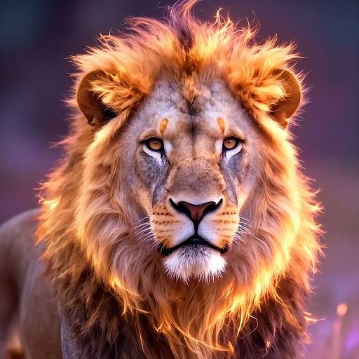 Photograph of a majestic male lion with a glowing, fiery orange mane, intense amber eyes, and a powerful, regal expression against a blurred,