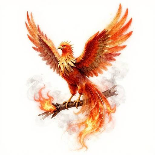Digital illustration of a vibrant, fiery phoenix with expansive red, orange, and yellow feathers, perched on a burning branch against a white background.