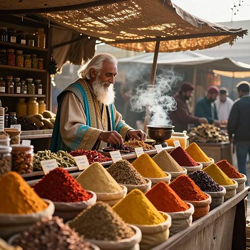 Photograph of an elderly bearded Indian man in traditional attire, selling spices at an outdoor market with colorful powders and steaming pots.
