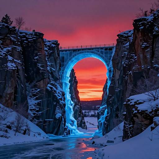 Photograph of a glowing blue arch bridge at sunset, framed by snow-covered cliffs, with a vibrant red-orange sky in the background.