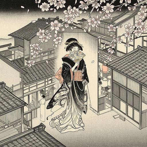 Traditional Japanese woodblock print of a couple in kimonos standing under cherry blossoms in a quaint, tiled-roof village.