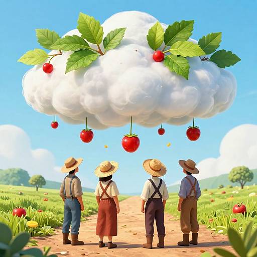 Digital illustration of four farmers in straw hats, facing a dreamy sky with a cloud floating red cherries and leaves.