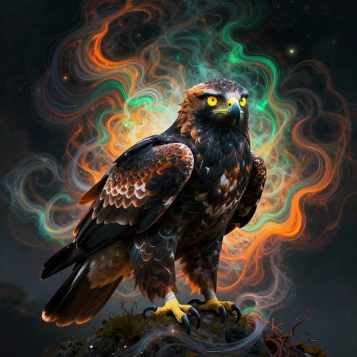 Digital art of a majestic hawk with glowing yellow eyes, surrounded by vibrant, swirling colors of orange, green, and blue.