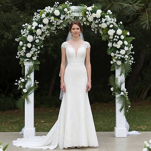 Photograph of a beautiful bride in a white lace wedding dress with cap sleeves, standing under an ornate white and green floral arch.