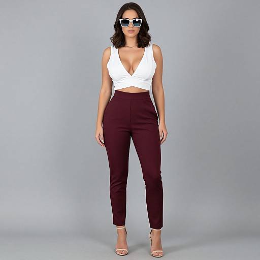 Photograph of a brunette woman with wavy hair, wearing white deep V-neck top, maroon high-waisted pants, white high heels,