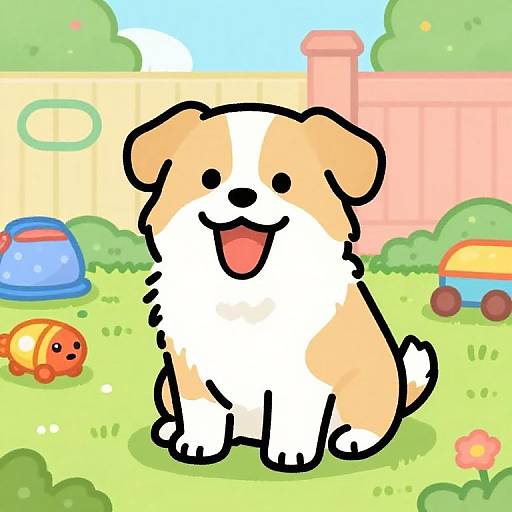 Cute cartoon dog with white and brown fur, smiling with tongue out, sitting in colorful backyard with toys and fence.
