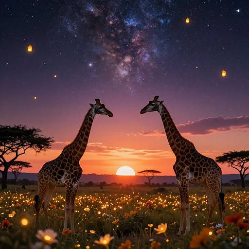 Photograph of two giraffes standing silhouetted against a vibrant sunset sky, surrounded by glowing fireflies and a starry Milky Way,