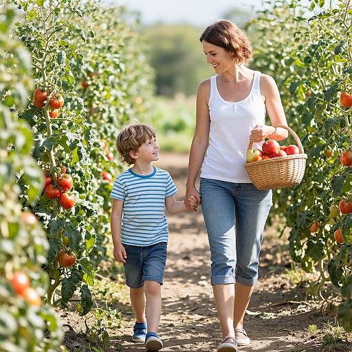 Photograph of a smiling woman in a white tank top and rolled-up jeans holding a basket of apples, walking hand-in-hand with a young boy in