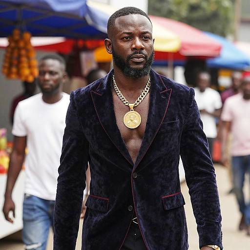 Confident Man in Navy Velvet Blazer at Outdoor Market