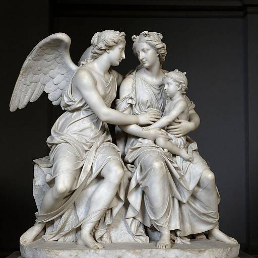 Photograph of a classical marble statue depicting a winged woman with flowing robes cradling a child, both adorned with wreaths, set against a