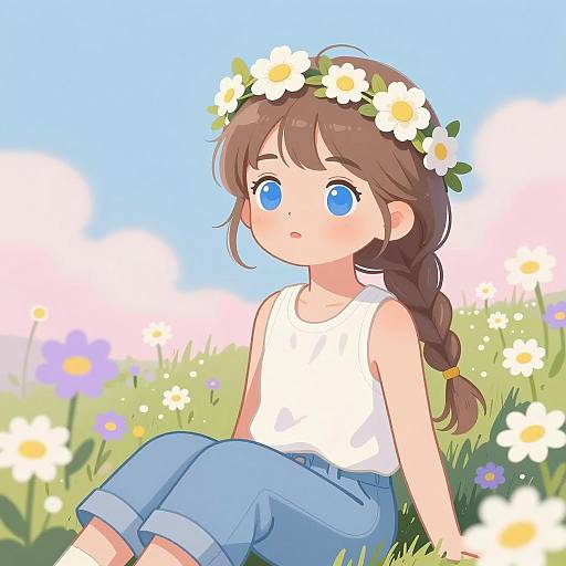 Whimsical Girl in Daisy Field