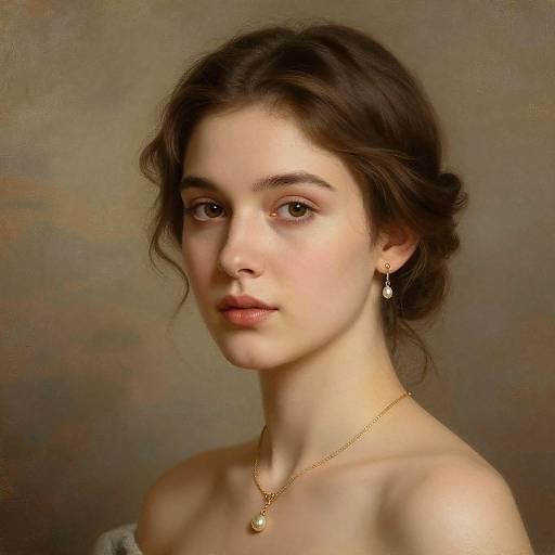 Photorealistic portrait of a young, fair-skinned woman with brown hair, wearing a gold necklace and earrings, against a muted brown background.