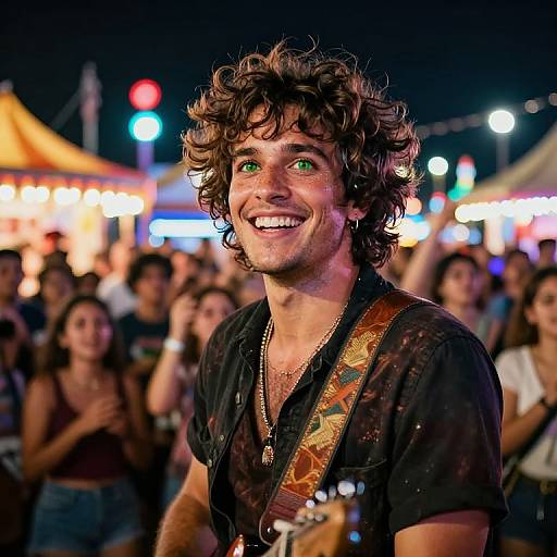 Photograph of a smiling, curly-haired young man with green eyes, wearing a black shirt and patterned strap, at a nighttime festival with colorful,