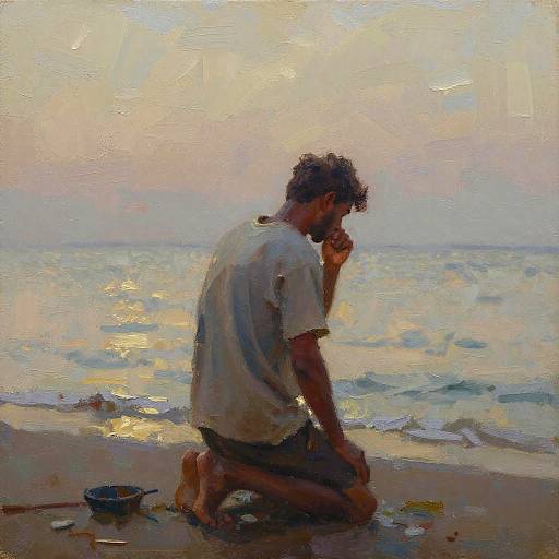 Impressionist-style painting of a bearded man in a white shirt and shorts, kneeling on a beach, gazing at the sunset over the ocean