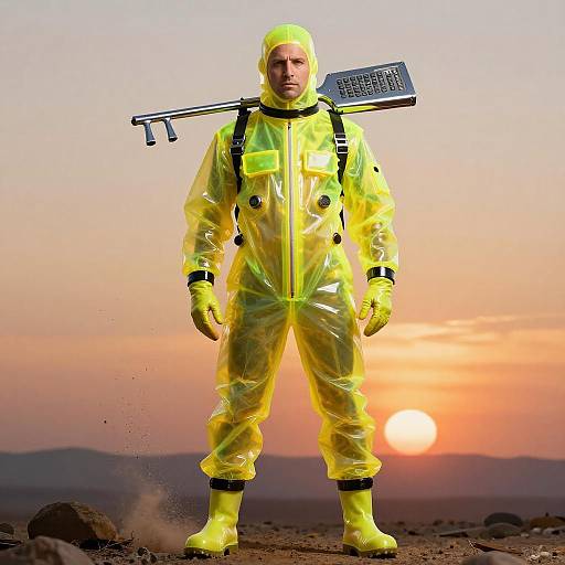 Photograph of a man in a bright yellow hazmat suit with a Geiger counter on his back, standing in a desert at sunset.