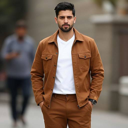 Photograph of a handsome, bearded man with dark hair, wearing an orange-brown jacket and white shirt, standing confidently with hands in pockets,