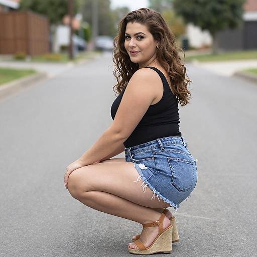 Curvy Woman Squatting on Road