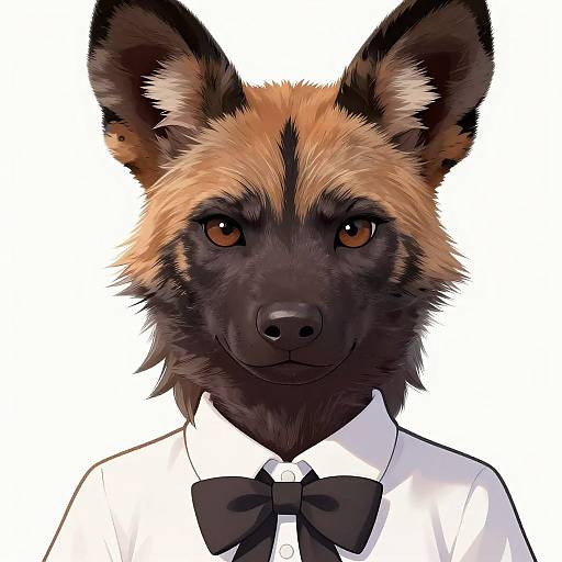 Digital illustration of an anthropomorphic African wild dog with brown and black fur, wearing a white shirt and black bow tie, centered against a white background.