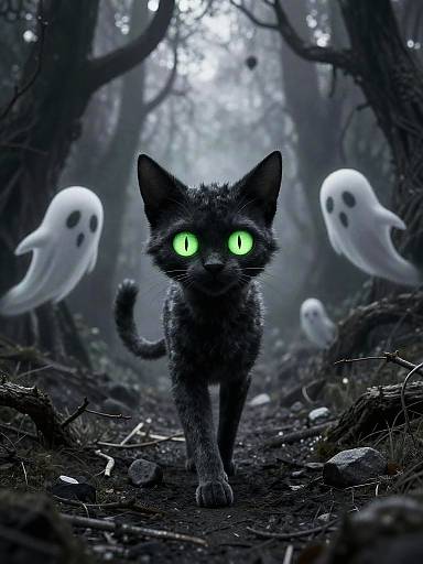 Spooky Stylized Cat in Haunted Forest