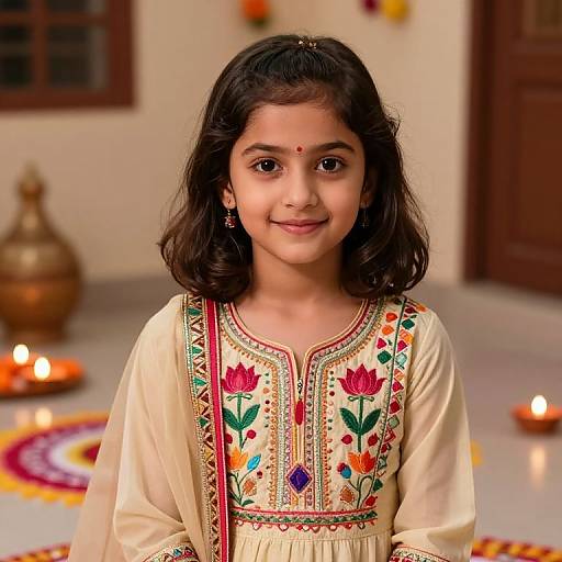 Photograph of a young Indian girl with medium brown skin and dark wavy hair, wearing an embroidered cream traditional dress, smiling in a warmly lit room
