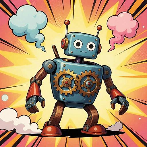 Colorful digital illustration of a blue, vintage-style robot with two gear-like buttons on its chest, red arms and legs, and two antennae.