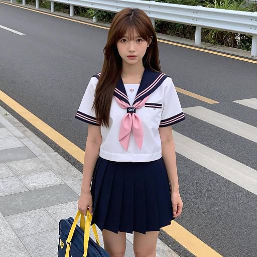 Asian Woman in Sailor Uniform on Sidewalk