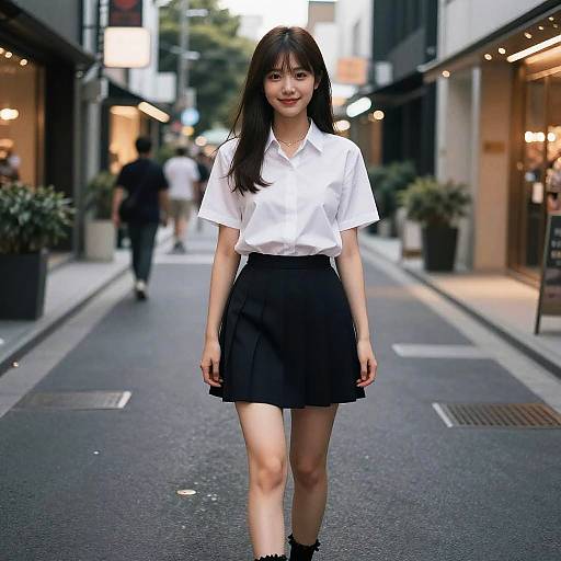Photograph of an Asian woman with long black hair, wearing a white short-sleeve shirt and black pleated skirt, walking confidently down a bustling