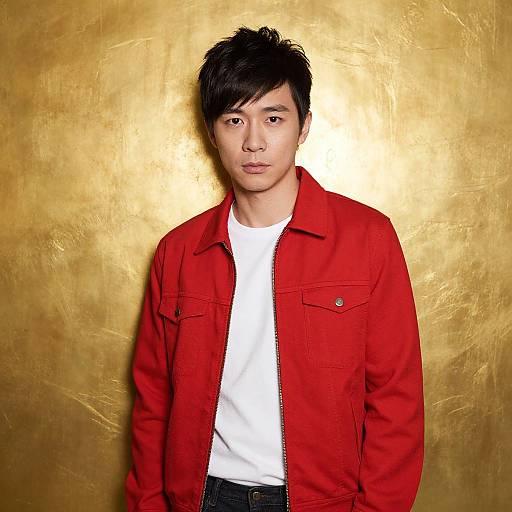 Asian Man in Red Jacket Pose