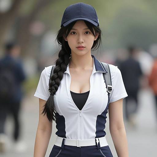 Photograph of an Asian woman with long black hair in a braid, wearing a black cap, white and black button-up shirt, and black pants