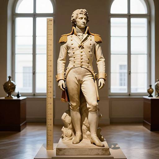 Photograph of a white marble statue of a 19th-century military officer in ornate uniform, standing with a measuring rod, in a well-l