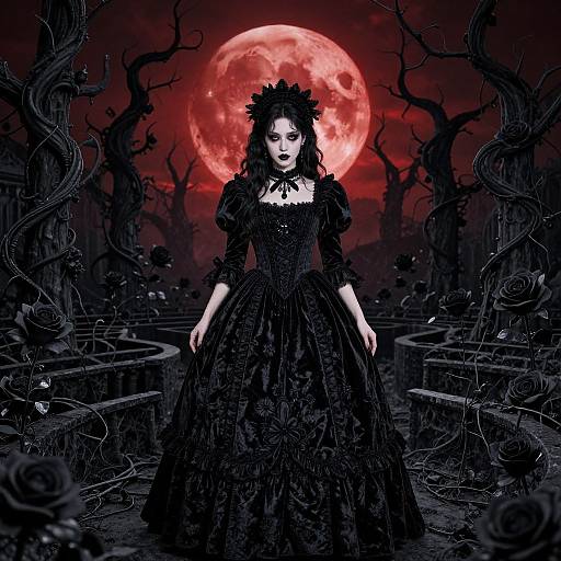 Gothic digital artwork of a pale woman in a black, lace gown with floral patterns, standing in a dark, twisted graveyard under a glowing red