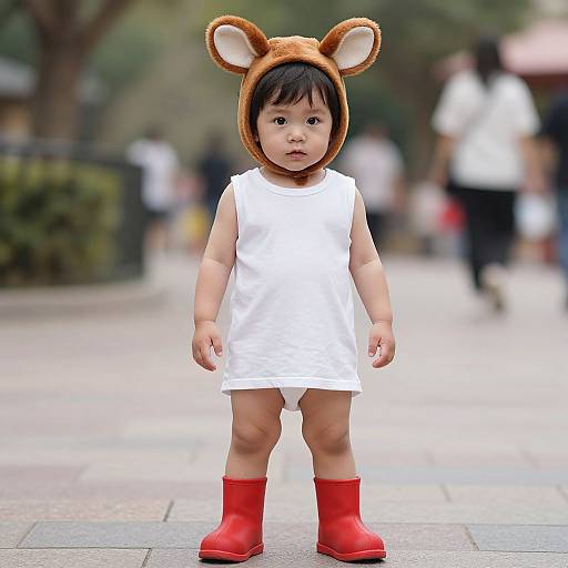 Photograph of an Asian toddler in a white sleeveless dress, red boots, and brown bear-eared hood, standing on a blurred urban sidewalk.