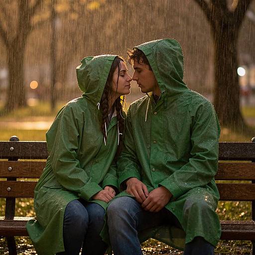 Photograph of a couple in green raincoats, sitting on a wooden bench, sharing a kiss in a rainy park. Warm, golden autumn light